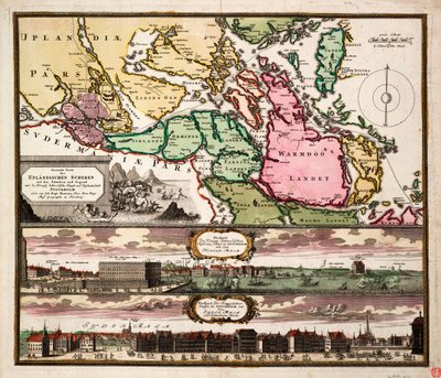 A felvidéki nyírségek pontos térképe a svéd királyi főváros és rezidens város, Stockholm helyzetével és környékével, 1740 körül (színes metszet) alkotó: Johann Baptista Homann