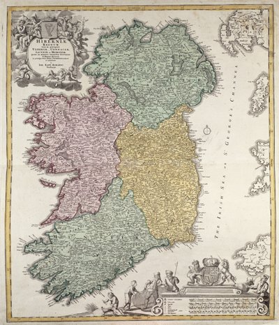Írország térképe Ulster, Munster, Connaught és Leinster tartományokkal, Johann B. Homann, 1730 körül (kézzel színezett metszet) alkotó: Johann Baptista Homann