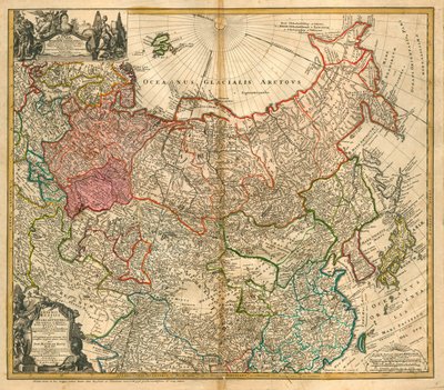 Oroszország térképe (Innen: Az Orosz Birodalom és Tatár térkép egész Kis-Ázsiára és Európára) - Homann, Johann Baptist (1663-1724) - 1738 - Rézmetszet, akvarell - Magángyűjtemény alkotó: Johann Baptista Homann