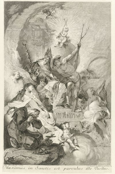 Het Christuskind als Salvator Mundi met verscheidene heiligen en paus Clemens XIII A szentek közül a legnagyobb az a kisfiú (cím a tárgyon) alkotó: Johann Beheim