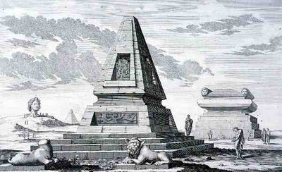 Szotisz egyiptomi király sírját jelző piramisok, amelyeket Héliopolisz romjai között találtak. az "Entwurf einer historischen Architektur"-ból alkotó: Johann Bernhard (after) Fischer von Erlach