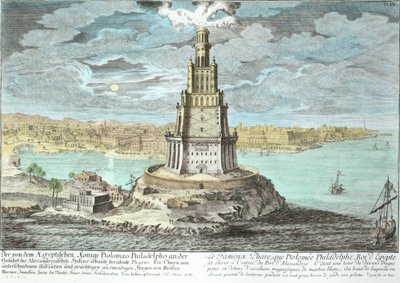 Alexandriai világítótorony, amelyet Nagy Ptolemaiosz (i.e. 36-30. után) épített, Egyiptom, az Entwurf einer historischen Architekturból, vésette Johann Adam Delsenbach (1687-1765) 1721 (későbbi szín alkotó: Johann Bernhard Fischer von Erlach
