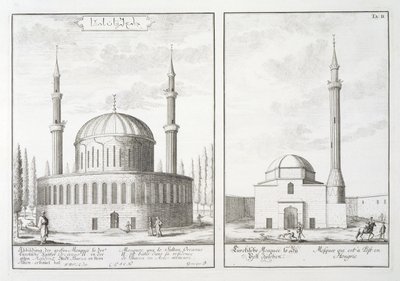 Egy bursai mecset és egy magyarországi mecset látképe, a "Entwurf einer historischen Architektur" című műből, 1721 alkotó: Johann Bernhard Fischer von Erlach
