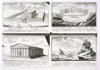 Négy klasszikus épület kilátása: az Olimpiai Zeusz temploma, az athéni Dionüszosz Színház, az athéni Athéné és a korinthoszi templom, az Entwurf einer historischen Architekturból, alkotó: Johann Bernhard Fischer von Erlach
