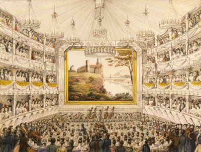 Ausztria, Bécs, a Theater an der Wien (Bécsi Színház) belseje, J.C. Schoeller akvarellnyomata alkotó: Johann Christian (after) Schoeller