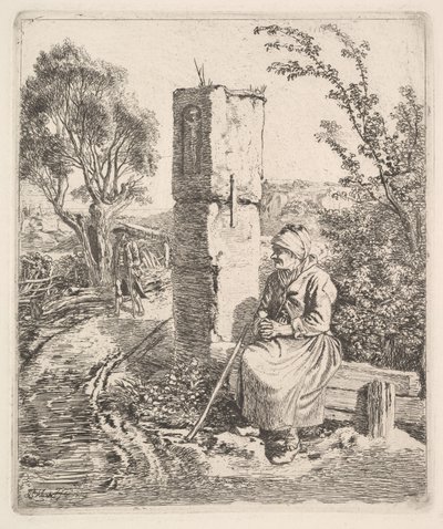 Egy öreg hölgy ül egy oszlop közelében az út szélén, 1819. alkotó: Johann Christian Erhard