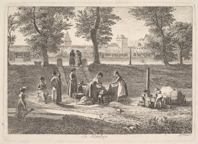 Nők otthoni tevékenységében szabadtéri jelenet Nürnbergben, 19. század. alkotó: Johann Christian Erhard