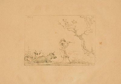 Pásztor élező kaszát, szarvasmarhával alkotó: Johann Christian Klengel