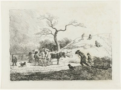 Téli táj gyerekek szánkókkal és különféle szánkókkal alkotó: Johann Christian Klengel