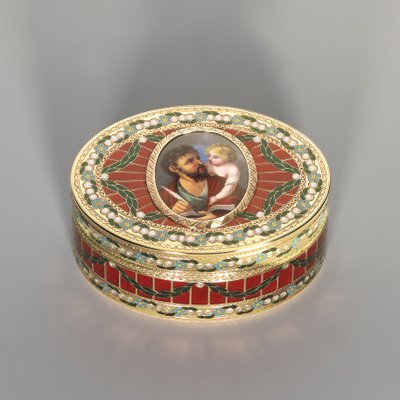 tubákos doboz, Drezda, 1775-80 körül, a miniatűr Genf, 1800 körül (szász keménykő, arany és zománc) alkotó: Johann Christian Neuber