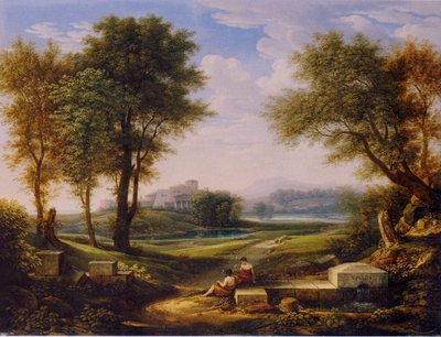 Német: Ideális tájkép két pásztorral egy forrásnál. alkotó: Johann Christian Reinhart