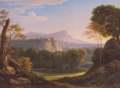 Német: Italienische Landschaft mit Schloss auf einem Bergrücken Olasz táj egy hegygerincen álló kastéllyal alkotó: Johann Christian Reinhart