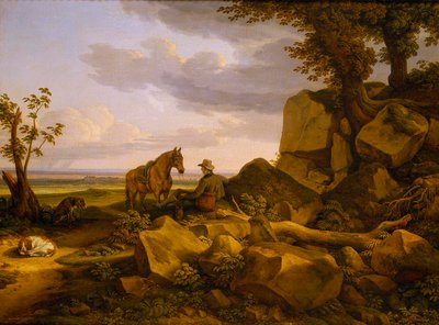 Olasz táj pihenő vadásszal, önarckép alkotó: Johann Christian Reinhart