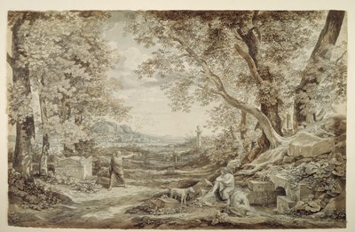 Tájkép antik emlékművekkel („A korinthoszi oszlopfő feltalálása“) alkotó: Johann Christian Reinhart