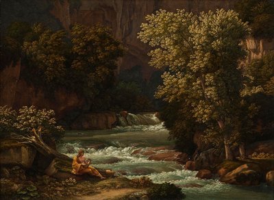 A Tivoli melletti Ponte Lupo látképe, előtérben lírán játszó személlyel alkotó: Johann Christian Reinhart