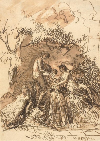 Fiatal lányok egy szökőkútnál (recto); A lábak vázlatának töredéke (fordítva) alkotó: Johann Christian Reinhart