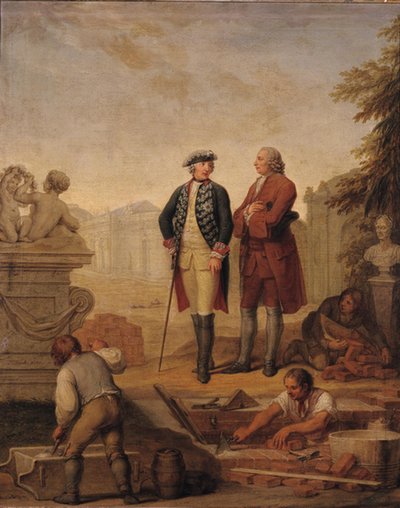 II. Frigyes porosz király (1712-86) és Argens márki (1704-1771) a potsdami Sanssouci építésének megtekintése közben. alkotó: Johann Christoph Frisch