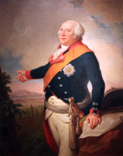 II. Frigyes Vilmos porosz király (1744-1797) portréja a Fekete Sas-rend csillagával, bal keze Frankfurt térképén nyugszik, tájkép a Frankfurt mellett táborozó porosz hadsereggel. alkotó: Johann Christoph Frisch
