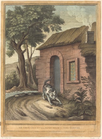 Az öreg macska és a fiatal egér alkotó: Johann Christoph Teucher after Jean Baptiste Oudry