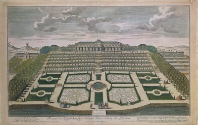 Perspektivikus kilátás a Sanssouci kastélyra, Potsdam, Németország alkotó: Johann David Schleuen