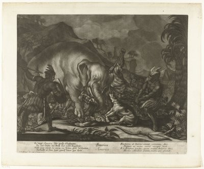 Elefántvadászat Amerika (cím a tárgyon) alkotó: Johann Elias Ridinger