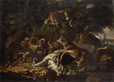 Ragadozók és széttépett szarvas alkotó: Johann Elias Ridinger