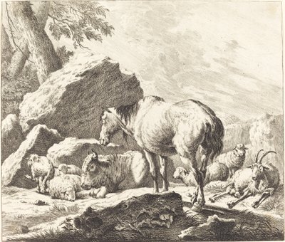 Egy ló, bivaly, bárány és kecske olasz tájon alkotó: Johann Elias Ridinger after Johann Heinrich Roos