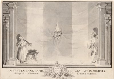 Két színész a színházi függönyön át kukucskál, míg mások a láblámpákat készítik elő alkotó: Johann Esaias Nilson