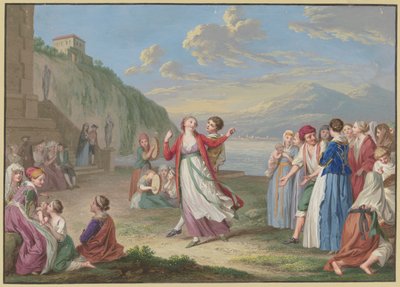 Olasz falusiak szórakoznak játékokkal és tánccal a tóparton, a háttérben magas hegyek alkotó: Johann Friedrich August Tischbein