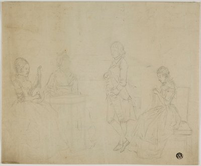 Családi csoport három ülő nővel és álló fiatalemberrel vázlat alkotó: Johann Friedrich August Tischbein