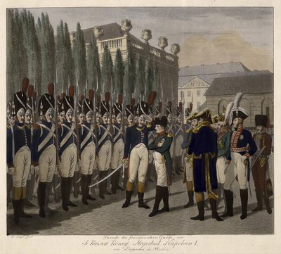 A francia gárdisták felvonulása a berlini Lustgartenben 1806-ban - Juegel, Johann Friedrich (1772-1833) - 1806 - Aquatint - 31,6x39 - Magángyűjtemény alkotó: Johann Friedrich Jügel