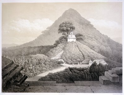 Festői kilátás a Palenque-i Kereszt templománál, 20-as tábla az „Ancient Monuments of Mexico”-ból, Hubert Clerget (1818-99) metszet, 1866 (litho) alkotó: Johann Friedrich Maximilian von (after) Waldeck