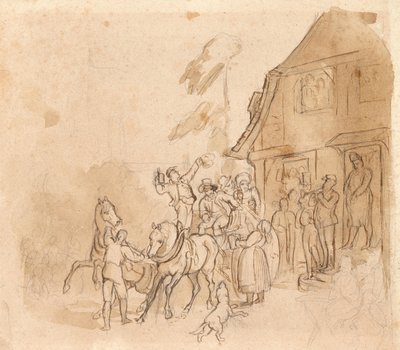 Lovaskocsi sörivókkal a kocsma előtt alkotó: Johann Friedrich Voltz