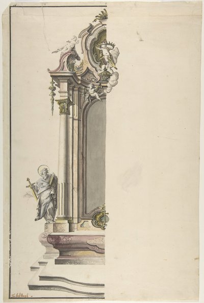 Aedikuláris oltár terve Szent Pállal a bal oldalon, 18. század közepe. alkotó: Johann Georg Dirr