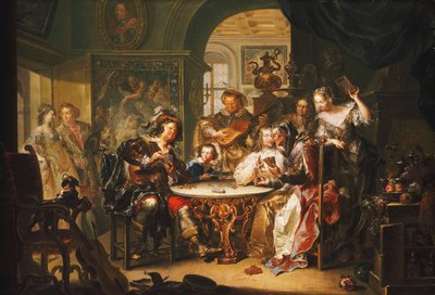 Egy úriember kártyákon csal egy idős hölggyel egy pazar belső térben, alkotó: Johann Georg Platzer