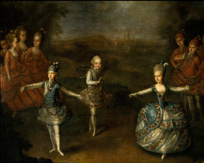 Christoph Willibald Gluck a Schonbrunn-i diadal című balett bemutatása II. József és Marie Josephine Antoinette de Baviere házasságában 1765. január 24-én”” Jobb oldalon Franciaország leendő királynője, Marie Antoinette. Részlet o alkotó: Johann Georg Weikert