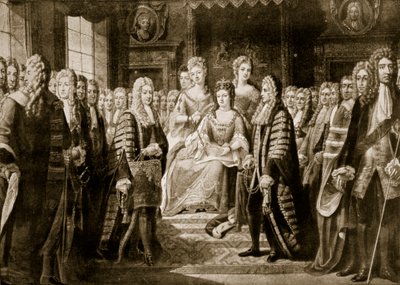 Az egyesülési szerződések bemutatása Anne királynőnek, 1706, illusztráció a „Hutchinson