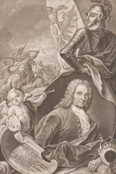 Georg Philipp Rugendas festő mellszobra csatajelenettel a háttérben alkotó: Johann Gottfried Haid