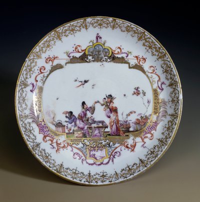 Német művészet: meisseni porcelán. Chinoiserie képviselő ázsiai karakterek iszik a teát. Johann Gregor Hoeroldt (vagy Herold 1696-1775) által díszített csészealj, 1730 körül. Párizs, Dekoratív művészetek alkotó: Johann Gregor Herold