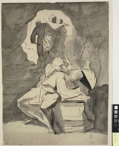 Egy kétségbeesett férfi egy sírkő miatt egy barlangban más alakokkal alkotó: Johann Heinrich Füssli