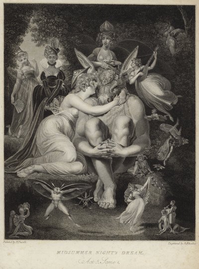Titania megcsókolja Bottomot a Szentivánéji álomban alkotó: Johann Heinrich Füssli