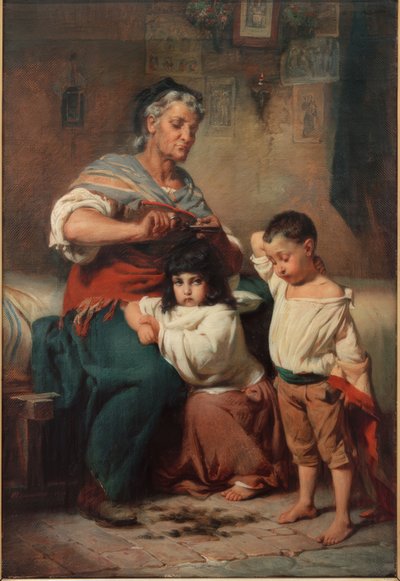 Nagymama unokái haját vágja alkotó: Johann Heinrich Hasselhorst
