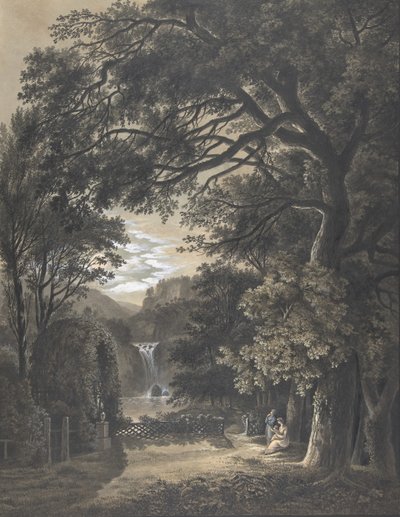 Egy emlékmű előtt összegyűlt család egy vízeséssel rendelkező tájon, 1805. alkotó: Johann Heinrich Meyer