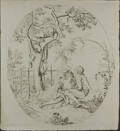 Szakállas férfi kémkedik a szerelmesek alatt egy lugas alatt alkotó: Johann Heinrich Ramberg