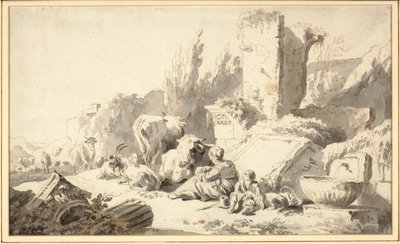 Drover családjával és jószágaival klasszikus romok mellett alkotó: Johann Heinrich Roos