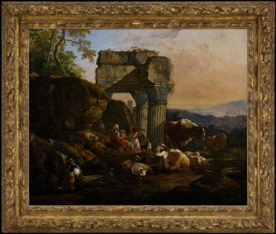 Római táj szarvasmarhákkal és pásztorokkal alkotó: Johann Heinrich Roos