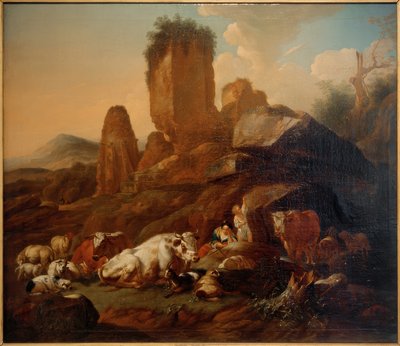 Pihenő pásztorlány és szarvasmarha alkotó: Johann Heinrich Roos