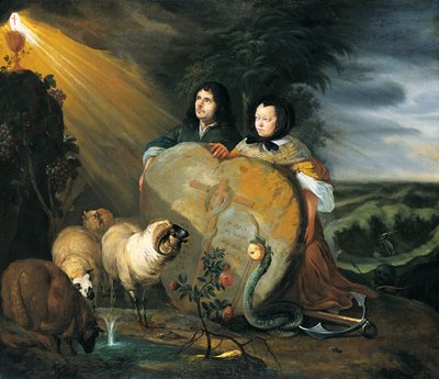 Önarckép (?) feleségével és a keresztény hit jelképeivel alkotó: Johann Heinrich Roos