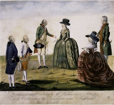 II. Katalin és II. József találkozója a Dnyepernél, Ma... (színes metszet) alkotó: Johann Hieronymus Loeschenkohl