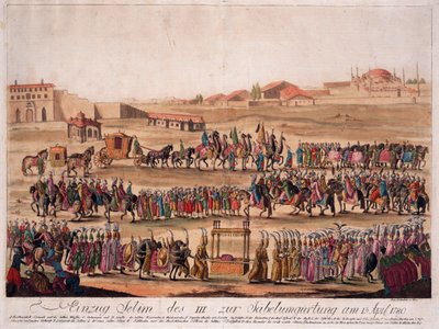 III. Szelim szultán (1761-1808) belépése a szablyához 1789. április 13-án - Loeschenkohl, Johann Hieronymus (1753-1807) - 1789 - Rézkarc, akvarell - 38,6x50,2 - Magángyűjtemény alkotó: Johann Hieronymus Loeschenkohl